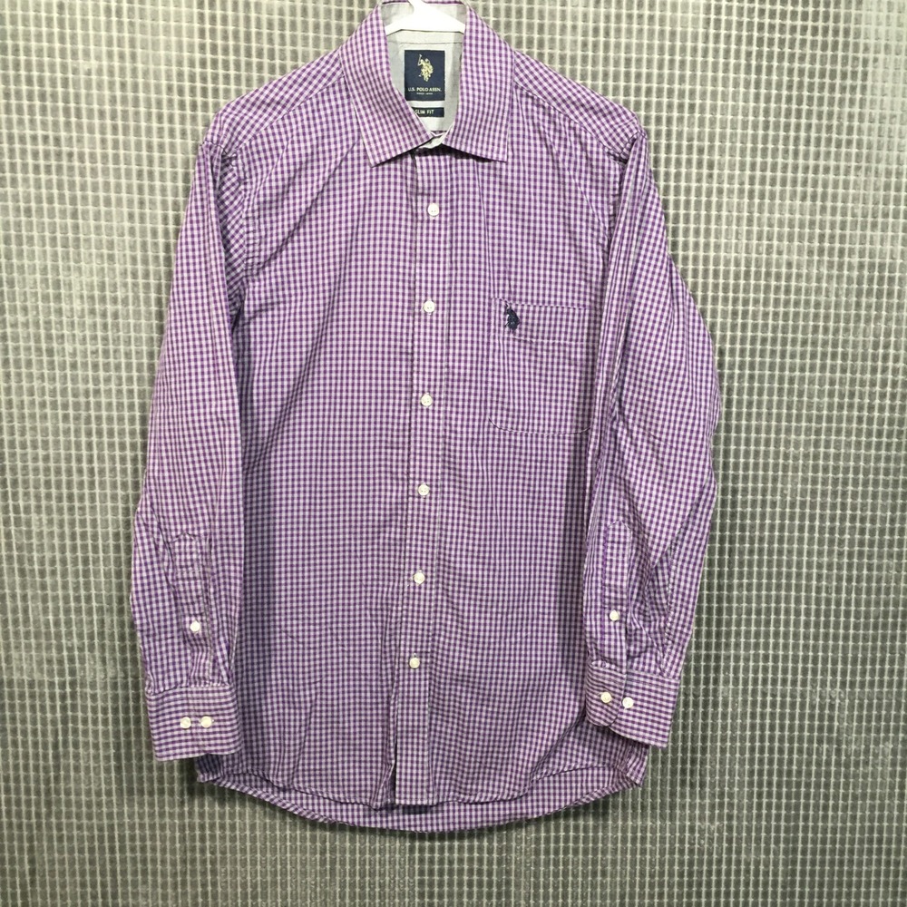 US Polo Assn Mens Slim Fit Purple Gingham Long Sleeve Button Down Shirt Large